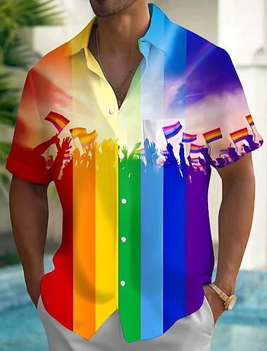  Hombre Arco iris LGBT Orgullo Camisa Camisa de verano Abotonar la camisa Manga Corta Moda informal Festivos Verano Primavera Cuello Vuelto Impresión 3D camisas con cuello Un bolsillo delantero Arco
