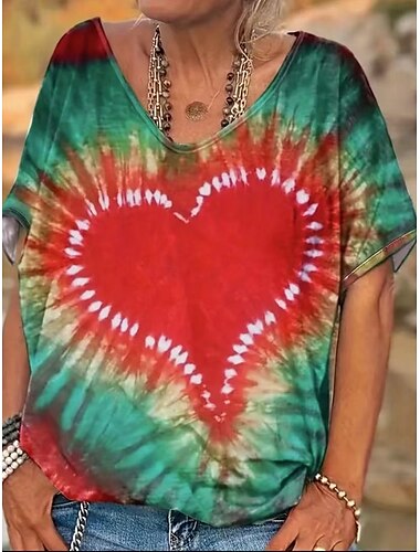  Damen T Shirt Batik Mode Modern Kurzarm V Ausschnitt Normale Oberteile Täglich Patchwork Druck Rote Purpur Fuchsie Grün Sommer
