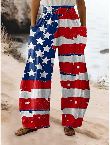  Unabhängigkeitstag Damen Weite Leg Chinos Urlaub Modestil Streetwear Volllänge Hoch geschnittene Hose Flagge Tasche Elastischer Bund Druck Bequem Weich Komfortabel Mikro-elastisch Outdoor Urlaub