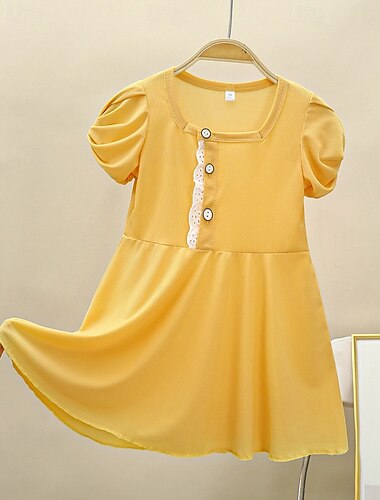  Enfants Fille Robe Couleur Unie Manche Courte Extérieur Froncé Boutons Mignon Adorable Polyester Mi-long Robe Décontractée Été 4 ans et + Jaune Rose Claire Violet