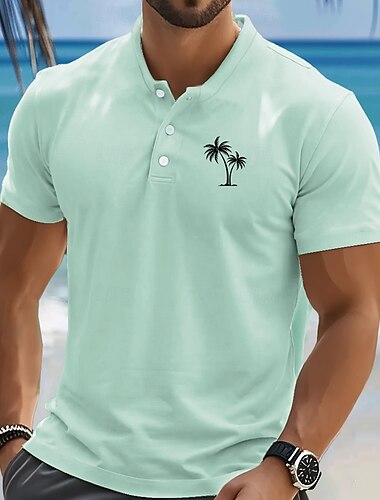  男性用 ヤシの木 Tシャツ ヘンリーシャツ 半袖 デザイナー レトリ／ヴィンテージ カジュアル ストリート カジュアル 日常 夏 春 ライトピンク ライトグリーン ライトブルー ヘンリー ヘンリーTシャツ