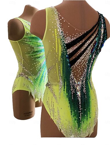  ritmische gymnastiek turnpakje dames meisjes schaatsen gymnastiek turnpakje geel duimgat halo kleuring hoge elasticiteit professionele wedstrijd schaatskleding kristal / strass mouwloos schaatsen