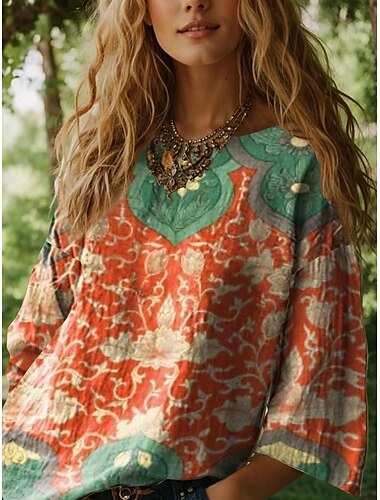  Damen Bluse Blumen Grafik Bohemien Täglich Ethnisch Dreiviertelarm Rundhalsausschnitt U-Boot-Ausschnitt Normale Oberteile Täglich Ferien Urlaubskleidung Druck Schwarz Rosa Blau Orange Sommer Frühling