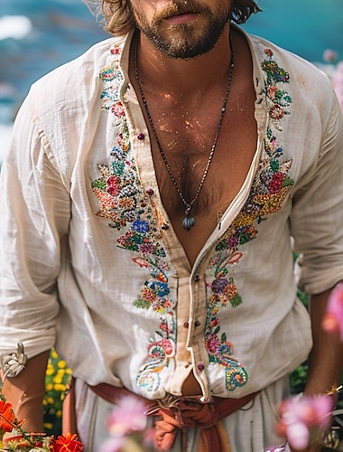  Herren Freizeithemd Knopfhemd Baumwollhemd Blumen / Pflanzen Urlaub Straße Beige Langarm Opa Frühling & Sommer Bekleidung Stickerei