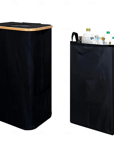  Poubelle de recyclage pour cuisine intérieure, poubelle pliable de 100 l/26,5 gallons avec cadre en bambou, sacs intérieurs amovibles, tissu Oxford, ouverture supérieure ronde, trieuse de déchets pour