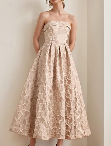  Vestido de cóctel elegante de corte A con estampado floral en jacquard, vestido formal de compromiso, largo hasta la rodilla, sin mangas, sin tirantes y con pliegues (2025)