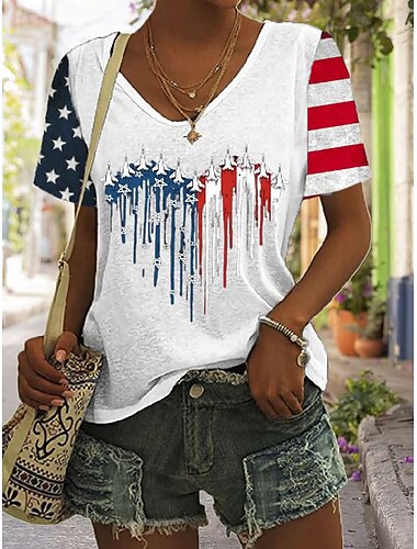  Unabhängigkeitstag Frauen Patriotisch Fourth of July T-Shirt Grafische Amerikanische Flagge Vintage Stylisch Klassisch Kurzärmlig V-Ausschnitt Reguläre Tops Täglicher Wochenende Druck Schwarz Weiß