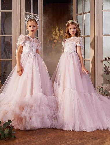  Vestido de Gala Hasta la Rodilla Vestido de Niña Florista Quinceañera Elsa congelada Niñas lindo vestido de fiesta Tul con Fruncido Estilo real tutú Ajuste 3-16 años