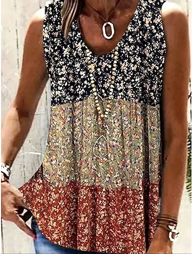  Dam Linne Camisole linne Blommig bohemliv Etnisk Ärmlös V-hals Vanliga toppar Dagligen Helgdag Mönster Marinblå Blå Kamel Fuchsia Grön Sommar