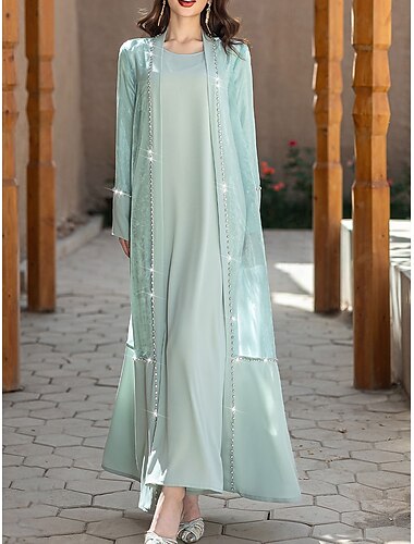  A-Linie Brautmutterkleid Elegant Vintage Rundhalsausschnitt Bodenlang Satin Langarm mit Perlenstickerei 2025