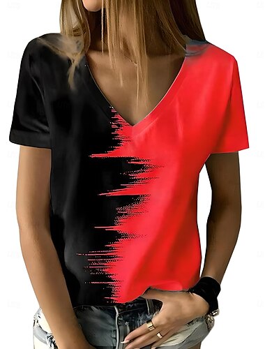 女性用 Tシャツ グラフィック 幾何学模様 カラーグラデーション ヴィンテージ スタイリッシュ 近代の 半袖 Ｖネック レギュラートップス 日常 プリント ホワイト イエロー ルビーレッド ブルー パープル 夏 春