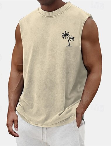  Herren Tank Top Weste Unterhemd Ärmelloses Shirt Ärmellos Rundhalsausschnitt Sommer Kokospalme Mode Designer Basic Klassisch Urlaub Straße Ausgehen Schwarz Hellgrün Blau Top T-Shirt für Herren