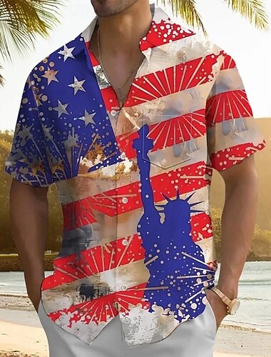  Tag der Unabhängigkeit Herren Amerikanische US-Flagge Patriotisch Vierter Juli Hemd Sommerhemd Knopfhemd Kurzarm Modisch lässig Ferien Sommer Frühling Umlegekragen 3D-Druck Hemden mit Kragen Eine