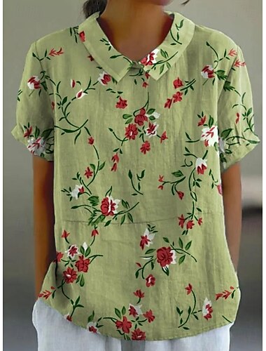  Dames Blouse Bloemig Grafisch Elegant Vintage Tropisch Korte mouw Overhemdkraag Normale tops Werk Dagelijks Afdrukken Wit Geel Blozend Roze Groen Zomer Lente