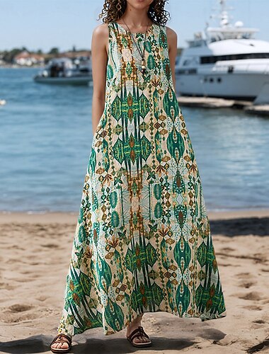  Damen Maxikleid A Linie Kleid Sommerkleid Boho Täglich Ferien Normale Passform Farbblock Stammes Ärmellos Rundhalsausschnitt Orange Grün Sommer