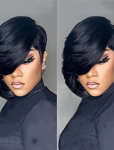  Pelucas de corte pixie para mujeres negras, modelo largo, elegante, cortas, en capas, con flequillo, sintéticas.