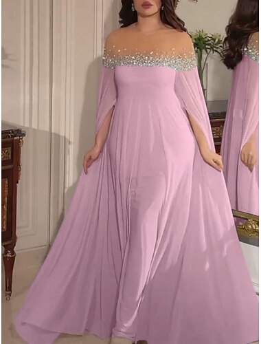  Damen Maxikleid A Linie Kleid Schulterfreies Kleid Elegant Party Cocktail Party Hochzeitsgast Date Normale Passform Einfarbig Langarm Rundhalsausschnitt Schulterfrei Rosa Blau Sommer
