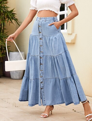  Damen Rock Denim-Midirock Lässig Boho Maxi Mittlere Hüfthöhe Röcke Einfach Gerafft Tasche Mikroelastisch Urlaub Alltagstauglich Himmelblau Sommer Denim