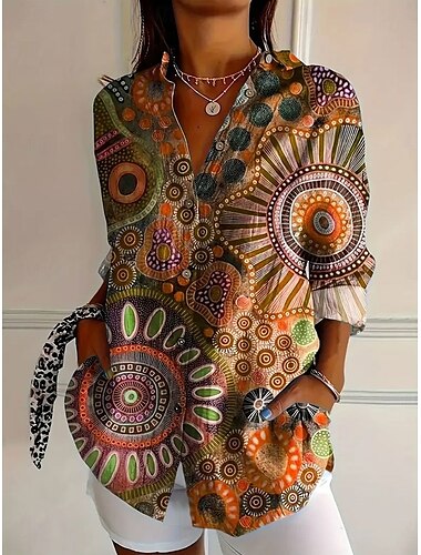  Femmes Chemise Graphique Abstrait Quotidien Élégant Moderne manche longue Col de chemise Hauts Réguliers Travail Quotidien Boutons Imprimé Rouge Bleu Orange Été Printemps