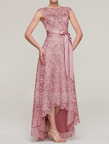  Vestido Mãe da Noiva Azul Celeste A-Linha Elegante Convidada de Casamento Simples Luxuoso Decote Barco Comprimento de Chão Cetim Faixa Renda Sem Mangas