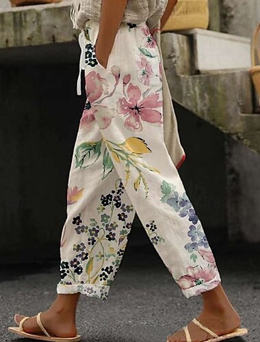  Dam Byxor av linne i bomull Beskurna byxor Streetwear Boho Ankellång Medium Midja Blommig Elastisk midja Bekväm Dagliga kläder Utekväll Rosa Blå Purpur Grön Sommar Vår Normal