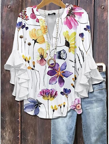  Blusa de Mujer con Manga de Volantes en Capas Estampado Floral Gráfico Vintage Diaria Étnica Manga 3/4 Cuello en V Tops Regulares Ropa Diaria Vacaciones Estampado Rosa Azul Púrpura Verano Primavera