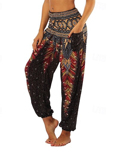  Retro / vintage Bohem 1970erne Harem-bukser Yogabukser Hippie Rysjet liv Påfugl Fjær Dame Halloween Karneval Strandferie Retro-temafest Festival Voksne Bukser