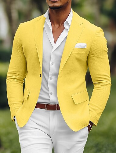  Herren Leinenblazer Sport Jacke Mode Lässig Einfarbig Blazer Gelb Rosa Himmelblau Standard Passform Einreihig Ein-Knopf