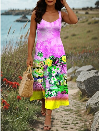  Damen Maxikleid A Linie Kleid Sommerkleid Schulterfreies Kleid Urlaub Lässig Party Date Normale Passform Blumen Grafik Farbblock Ärmellos Quadrathals Rosa Blau Purpur Sommer Frühling