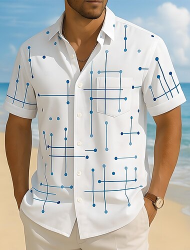  Herren Geometrisch Linie Hemd Freizeithemd Knopfhemd Kurzarm Modisch lässig Urlaub Ferien Streetwear Sommer Frühling Umlegekragen 3D-Druck Hemden mit Kragen Eine Tasche vorne Weiß Blau Braun Grün