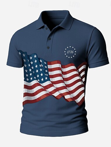  Tag der Unabhängigkeit Herren Amerikanische Flagge Polo Kurze Ärmel Revers Alltagstauglich Sport & Outdoor Athleisure Festival Knöpfe Sommer Weiß Marineblau