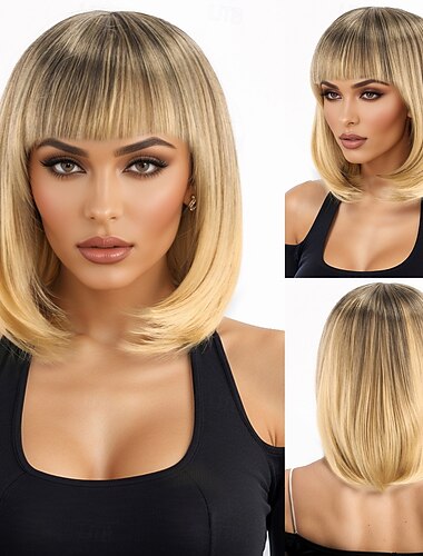  Synthetische Perücken Kinky Glatt Natürlich glatt Asymmetrisch Gerader Pony Maschinell hergestellt Perücke 12 Zoll A1 Synthetische Haare Damen Klassisch Bequem Farbverläufe Blond