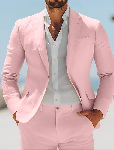  Herren Strandhochzeit Leinenanzüge Rosa Himmelblau Einfarbig Standard Passform 2-teilig Einreiher - 1 Knopf