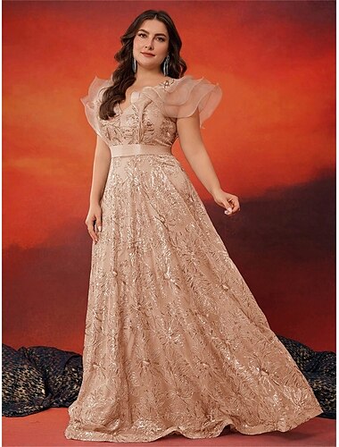  A-Linie Plus Size Kleider Elegantes Kurvenkleid Formelles Hochzeitskleid Bodenlang Ärmellos V-Ausschnitt Spitze mit Pailletten 2025