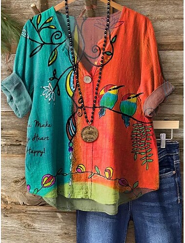  Per donna Blusa Floreale Grafico Vintage Tropicale Hawaiano Manica Lunga Scollo a V Top Regolari Quotidiano Ferie Abbigliamento mare Stampato Blu Arancione Verde Estate Primavera