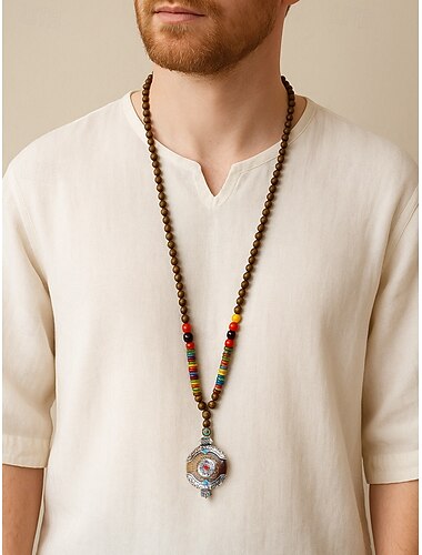  Herrenkette aus Naturholzperlen mit tibetischem Totem-Anhänger, langer Kettenschmuck im Boho-Ethno-Stil für Meditation, Yoga, spirituelle Zusammenkünfte und lässige Sommeroutfits