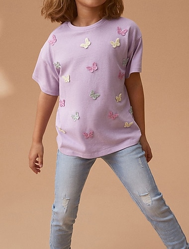  Дети Девочки Футболка Бабочка на открытом воздухе С короткими рукавами Crewneck Уличный стиль 4 года + Лето Лиловый