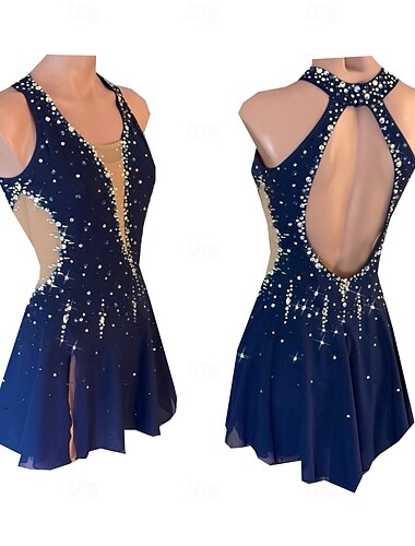  Eiskunstlaufkleid Damen Mädchen Eislaufen Kleid Dunkelblau Daumenloch Halo-Färbung Hohe Elastizität Professionell Wettbewerb Eiskunstlaufkleidung Thermowarm Kristall / Strass Ärmellos Eislaufen