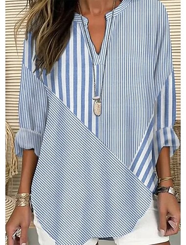  Dames Overhemd Katoenen linnen overhemd Blouse Grafisch Gestreept Dagelijks Hawaii Zakelijk Lange mouw V-hals Normale tops Werk Dagelijks Feestdagen Knop Afdrukken Zwart blauw Groen Licht Blauw Zomer