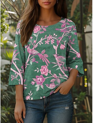  Dames Blouse Bloemig Grafisch Elegant Bohemen Dagelijks 3/4 mouw Strakke ronde hals Normale tops Dagelijks Feestdagen Vakantiekleding Afdrukken blauw Paars Groen Khaki Zomer Lente