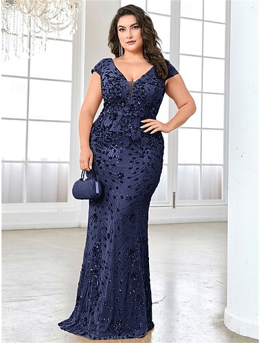  Sellő  trombita plus size ruhák Elegáns íves ruha Formális esküvő Teljes hosszú rövid ujjú V nyakú csipke hát nélküli flitteres
