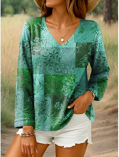  Damen Bluse Blumen Grafik Geometrisch Stilvoll Lässig Langarm V Ausschnitt Normale Oberteile Täglich Druck Purpur Braun Grün Sommer Frühling