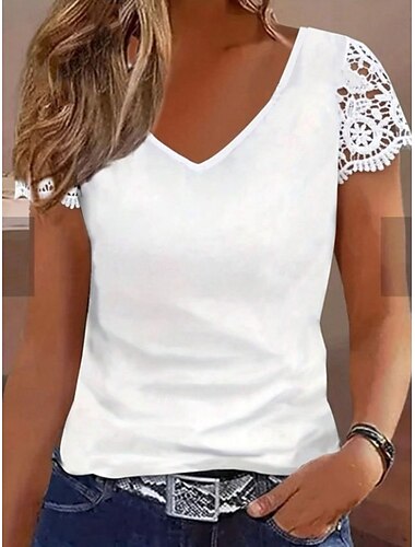  Blusa da Donna Top in Pizzo Colori Solidali Casual Giornaliero Manica Corto Collo a V Top Regolari Patchwork Giornaliero Nero Bianco Estate