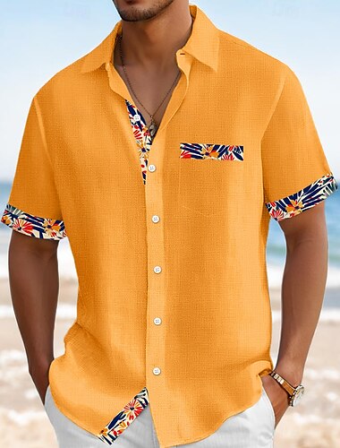  Herren Hemd Leinenhemd Sommerhemd Strandbekleidung Knopfhemd Einfarbig Urlaub Kreuzfahrt Weiß Marineblau Orange Khaki Kurzarm Kragen Sommer Frühling & Sommer Bekleidung Farbblock