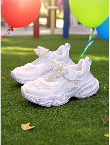 Rosafarbene Mary-Jane-Sneaker aus Mesh für Mädchen mit Perlenriemen – atmungsaktive, leichte Sportsandalen für den Schulanfang für den Spielplatz und den Alltag