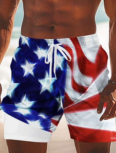  アメリカ独立記念日 男性用 米国旗 愛国 7月4日 裏地付きショートパンツ 2 in 1 スイムショーツ スイムショーツ ミディアムウエスト 祝日 サイドポケット コンプレッションライナー付き 伸縮性のあるドローストリングウエスト デザイナー 衣類