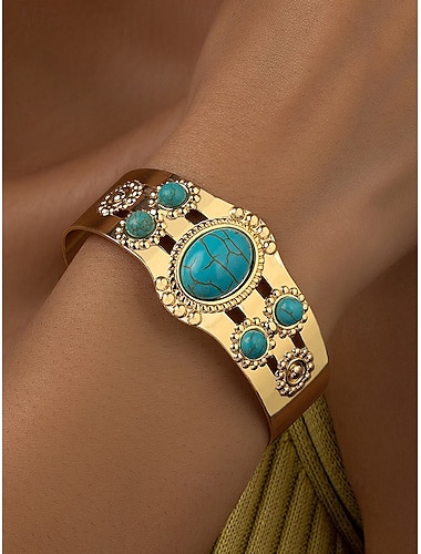  Pulsera vintage de oro para mujer con piedras turquesas: brazalete ajustable de estilo bohemio para mujer, ideal para atuendos casuales, fiestas y festivales de verano.