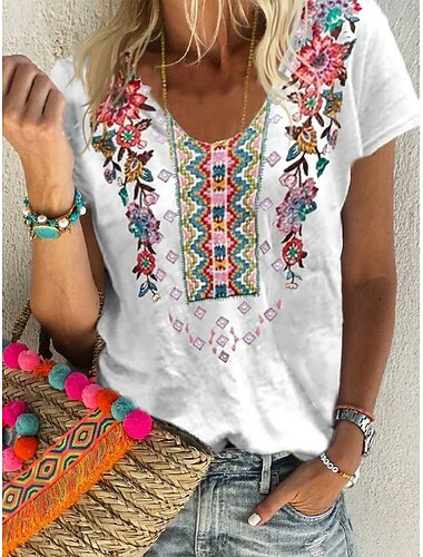  Damen T Shirt Blumen Grafik Pflanzen Bohemien Western Ethnisch Kurzarm V Ausschnitt Normale Oberteile Täglich Ausgehen Wochenende Druck Weiß Rote Blau Sommer Frühling