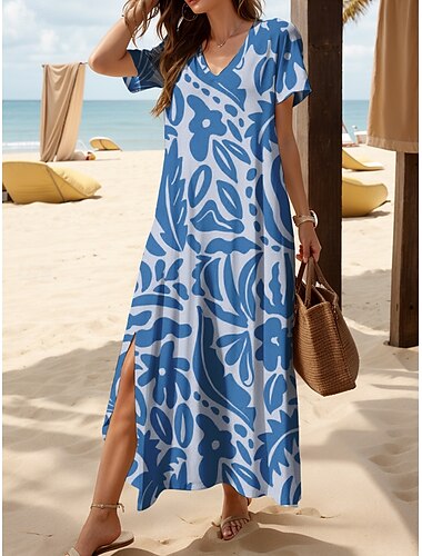  Damen Maxikleid T-Shirt-Kleid Sommerkleid Shiftkleid Bohemien Party Ferien Strand Normale Passform Blumen Geometrisch Vintage Kurzarm Rundhalsausschnitt Gelb Rote Blau Purpur Sommer Frühling