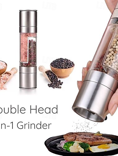  Juego de molinillo de sal y pimienta de acero inoxidable 2 en 1, molinillo de sal y pimienta de doble cabezal, molinillo manual de sal y pimienta, molinillo de sal, molinillo de sal marina recargable,
